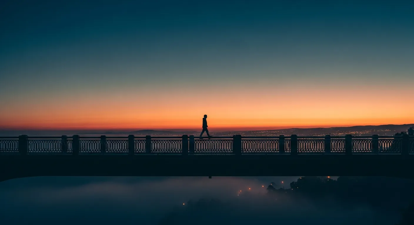 Silhouette of a person crossing a bridge at twilight — the uncertain but hopeful journey of rebuilding after leaving