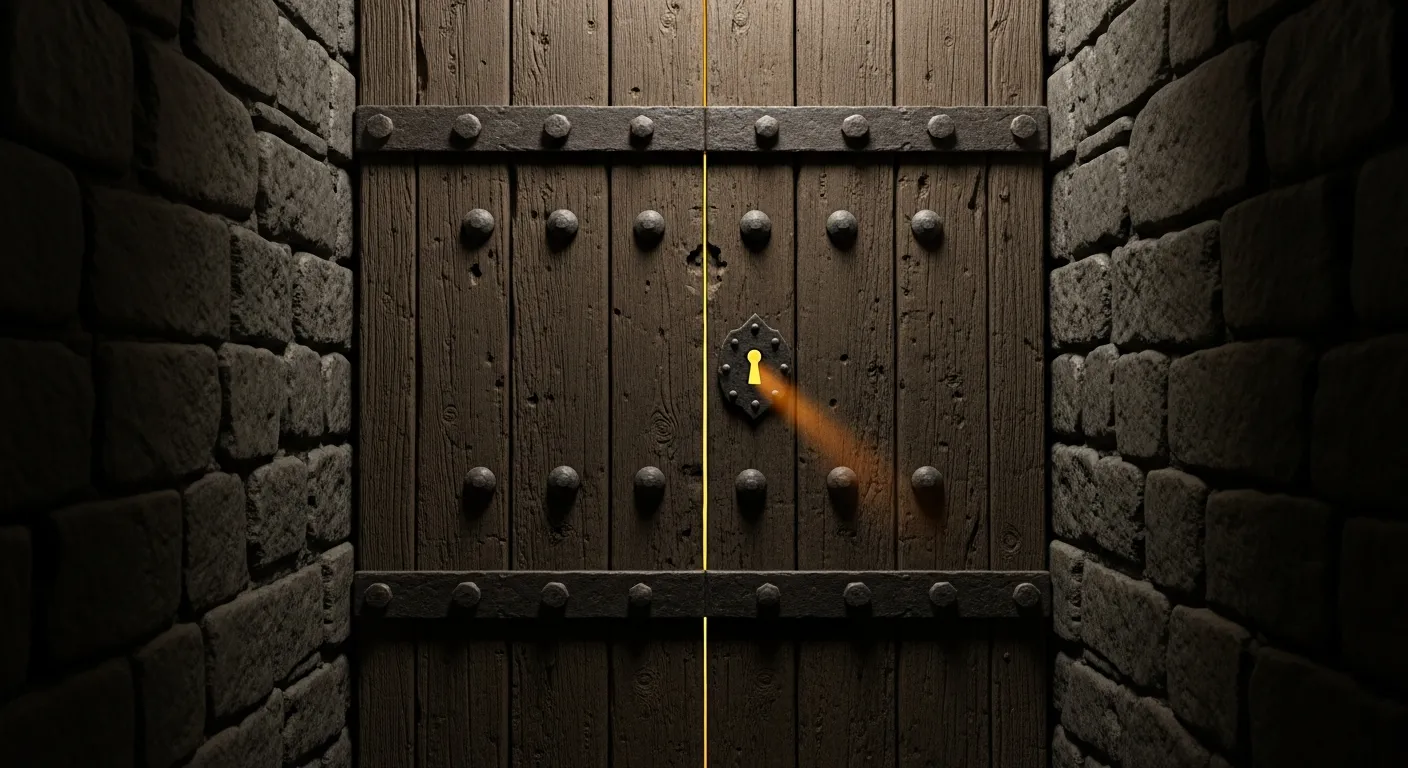 A heavy locked door with golden light streaming through — the control and secrecy of authoritarian church leadership