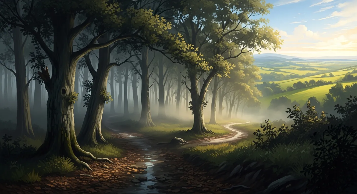 A winding path through a misty forest opening to warm sunlight — the journey of recovery after leaving a controlling church